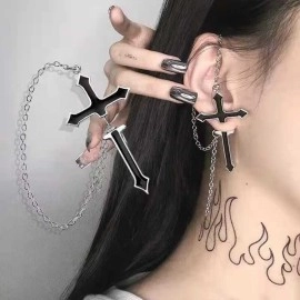 Сережка-кафф Готика з великим хрестом та ланцюжками