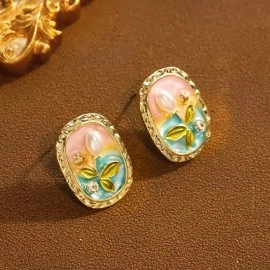 Сережки Картина з кольоровою емаллю, перлами та гілочкою