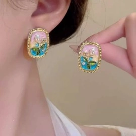 Сережки Картина з кольоровою емаллю, перлами та гілочкою